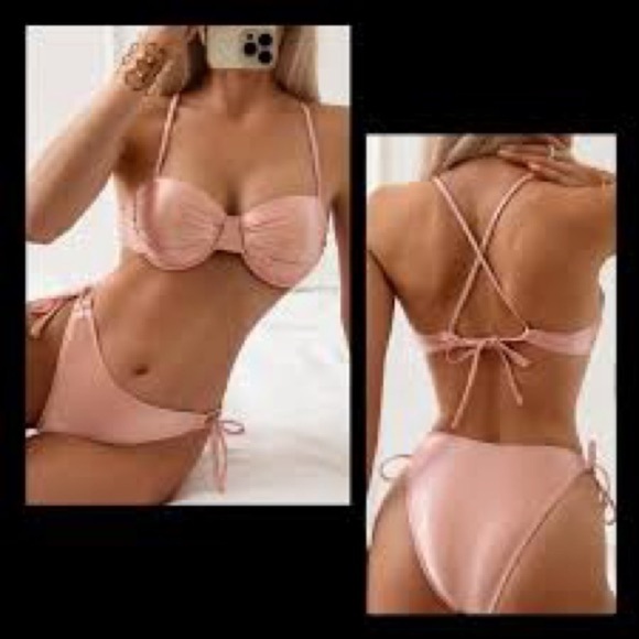 Ruched Pink Metallic Bikini Set Swimsuit SZ M New ✨🔥🔥🔥 - Picture 2 of 3